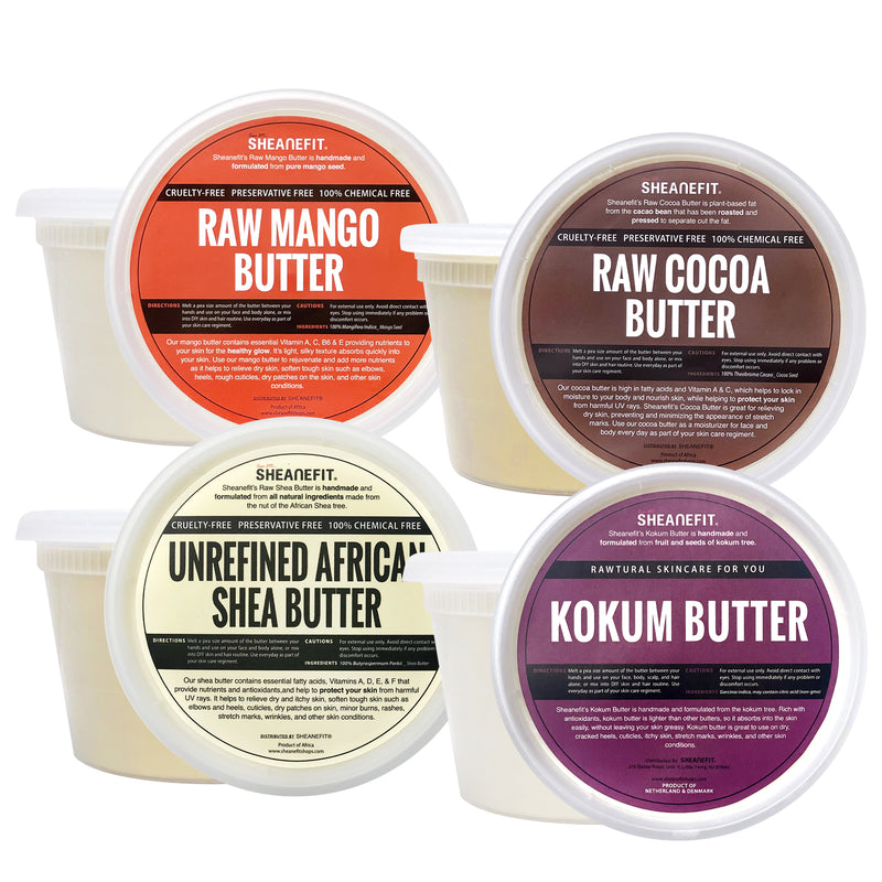 Sheanefit Essential Butter Set - 16oz of Unrefined Ivory Shea Butter, Raw Cocoa Butter, Raw Mango Butter, and Raw Kokum Butter Set