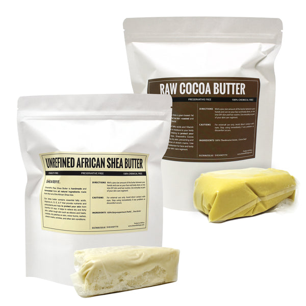 Sheanefit Raw Unrefined Shea Butter 1LB Bar & Raw Natural Cocoa Butter 1LB Bar