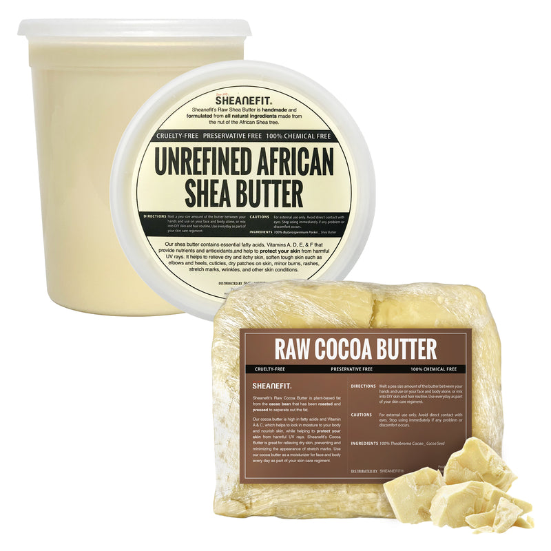 Sheanefit Raw Unrefined Shea Butter 32oz & Raw Natural Cocoa Butter 5LB Bar