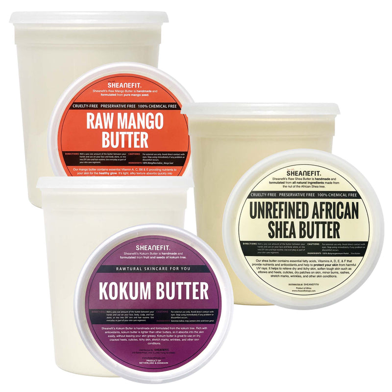 Sheanefit Essential Butter Set 32oz - Unrefined Ivory Shea Butter, Raw Mango Butter, and Raw Kokum Butter Set
